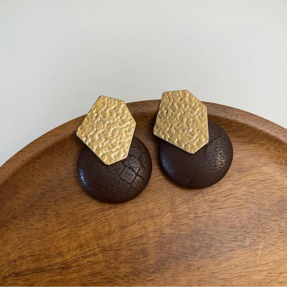 4/$15 Elegant Gold and Brown Faux Leather Earrings